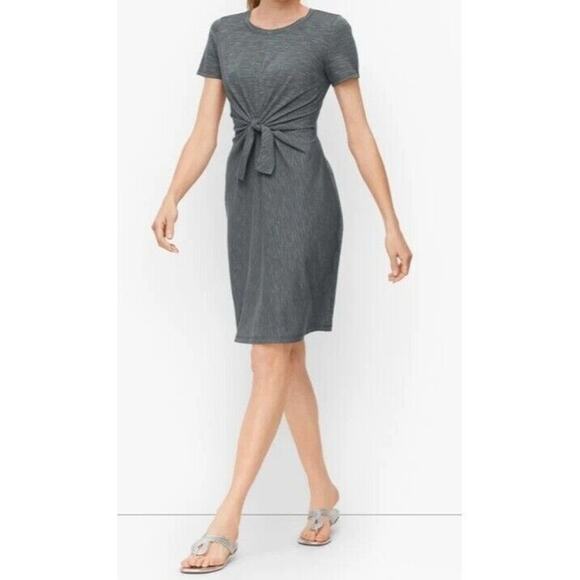 T By Talbots Tie Front T Shirt Dress L Gray Alamedia Stripe Stretch Feminine NEW - Picture 1 of 11
